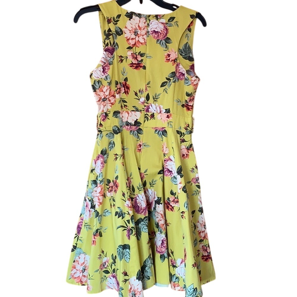 Yellow Floral Sleeveless Fit Flare Midi Dress Belted Summer Garden‎ Party Medium - Picture 7 of 7